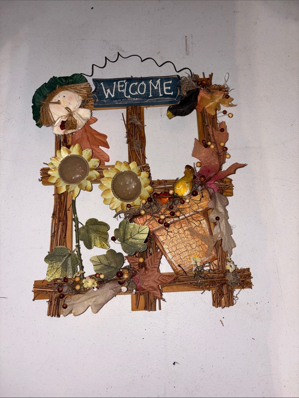 Handmade Autumn Welcome Wall Hanging with Sunflowers and Fall Accents